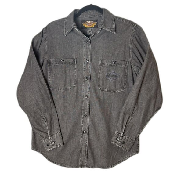 Harley Davidson Shirt Womens M Gray Denim Embroidered Button Up Motorcycle Biker - Picture 1 of 9